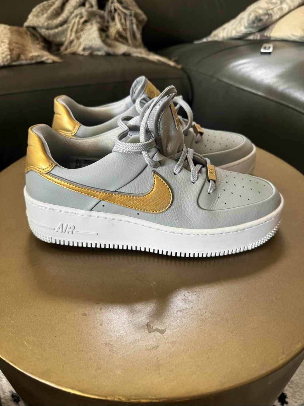 Custom Nike AF1 Air Force 1 Sage Platform Women's Sneakers Wolf Grey Gold EUC